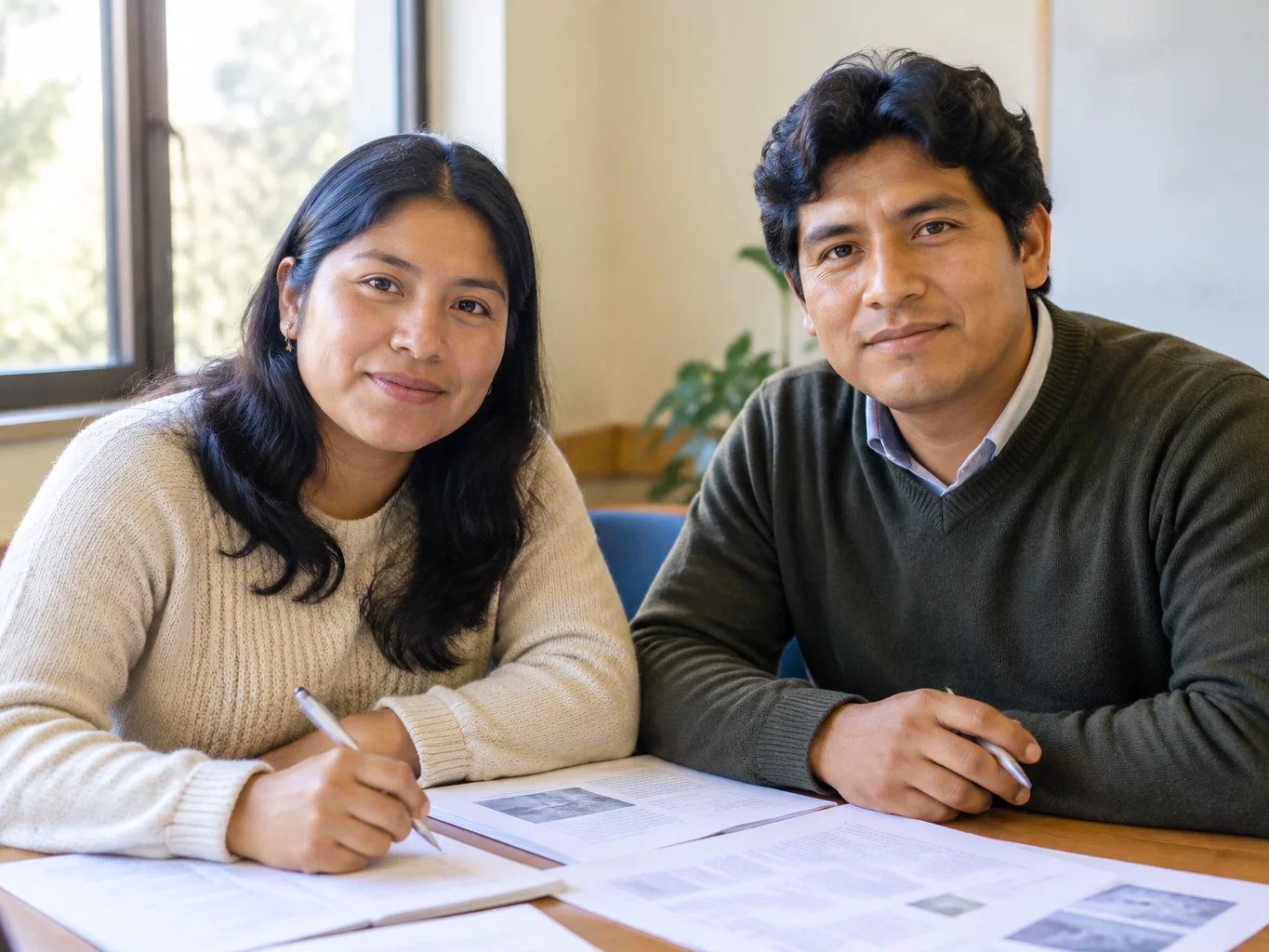 Dos adultos en una mesa de trabajo cubierta de apuntes impresos