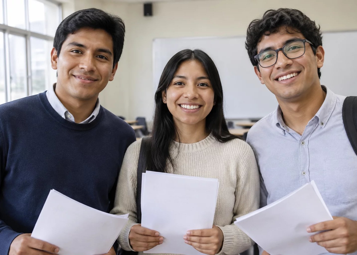 Tres adultos sonriendo al terminar una ronda, con las hojas en la mano